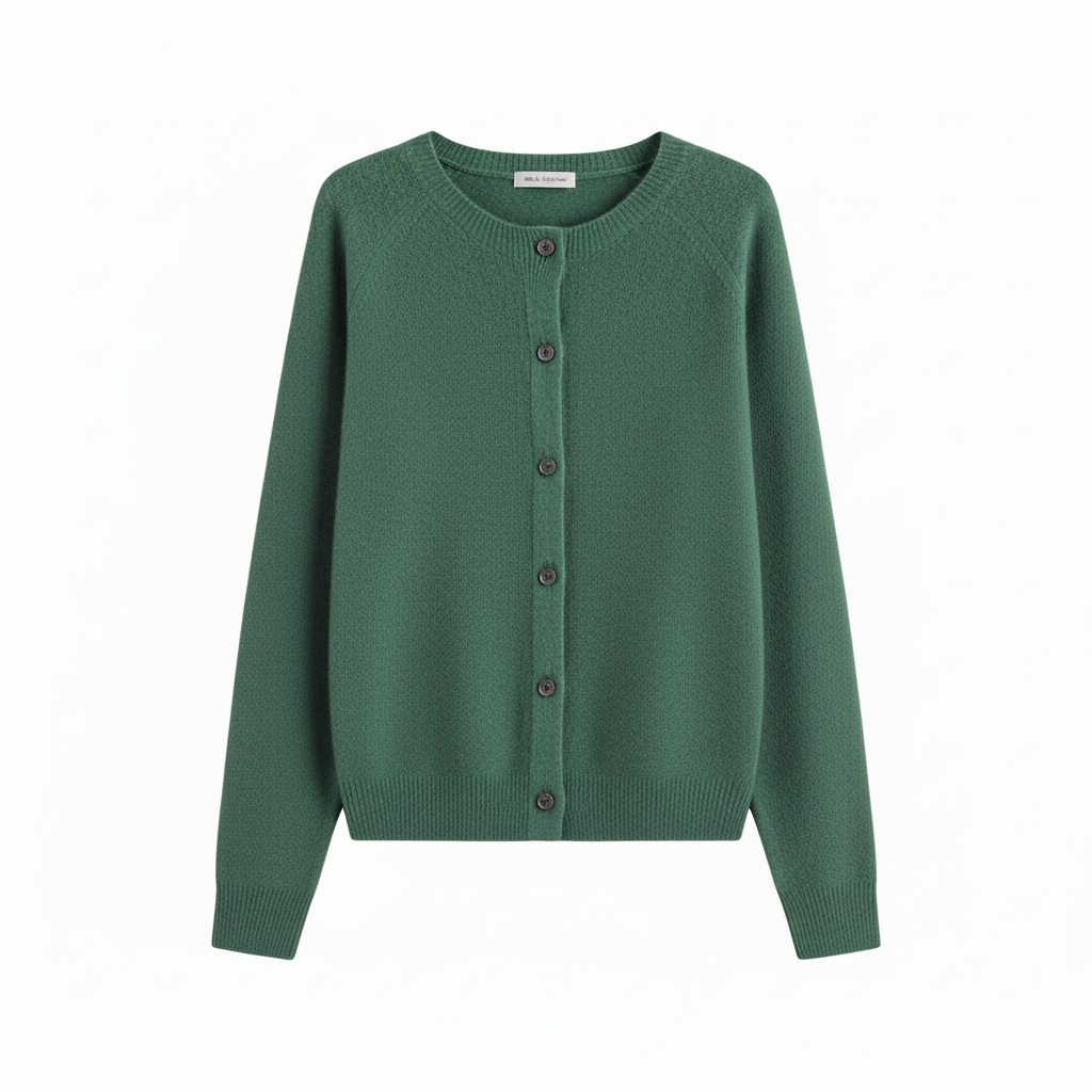 Women's Crew Neck Cardigan with Button Fastening and Ribbed Trims