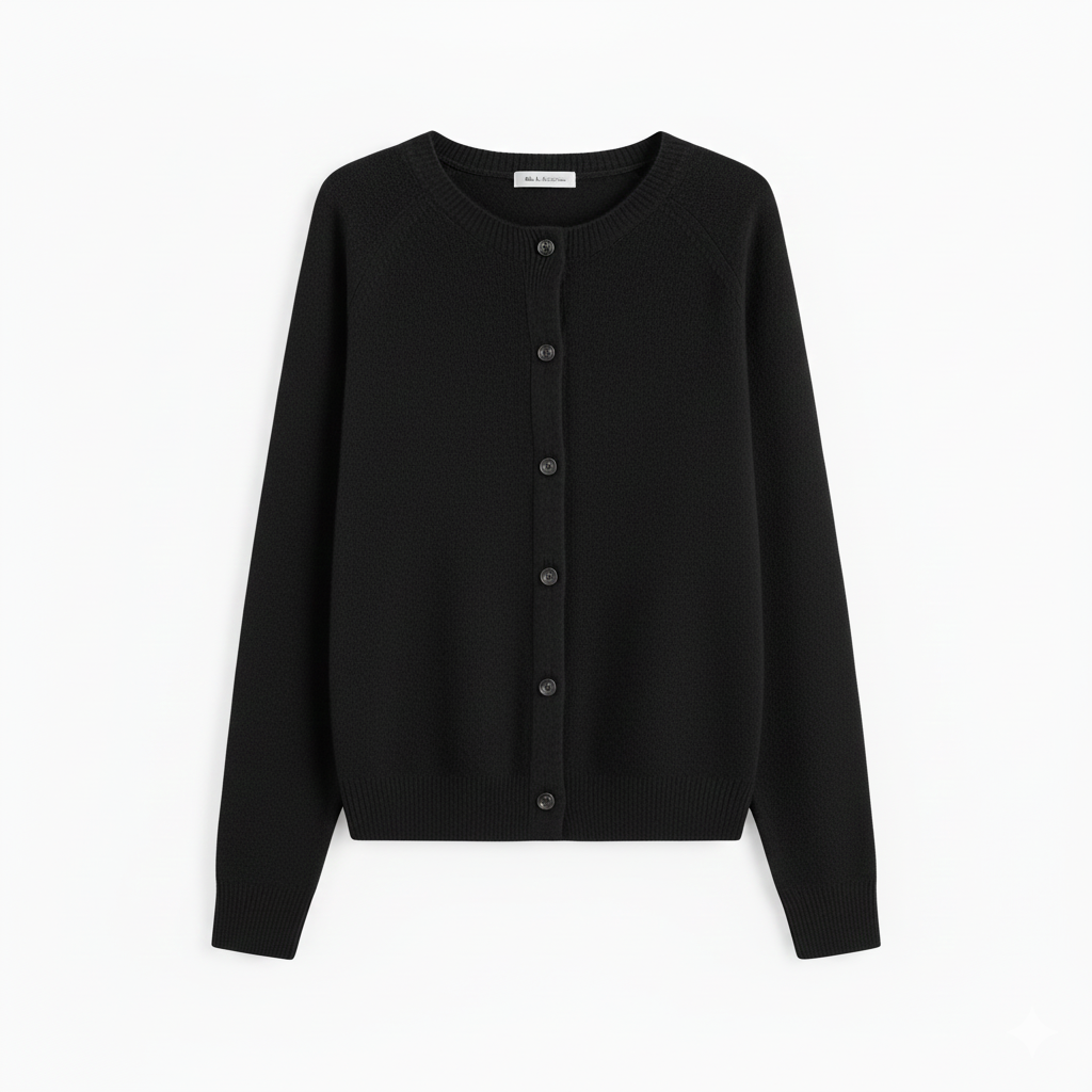 Women's Crew Neck Cardigan with Button Fastening and Ribbed Trims