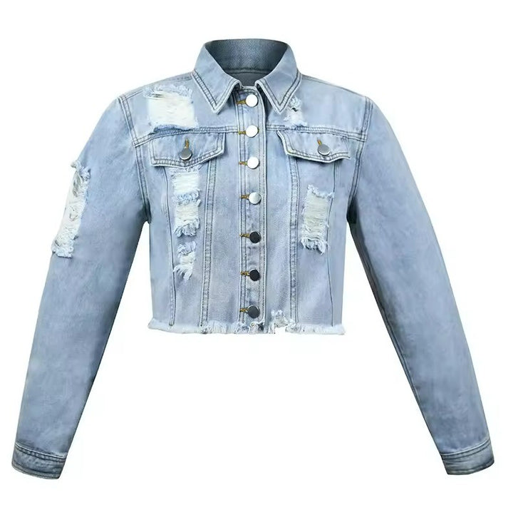 Women's Cropped Denim Jacket with Button Front