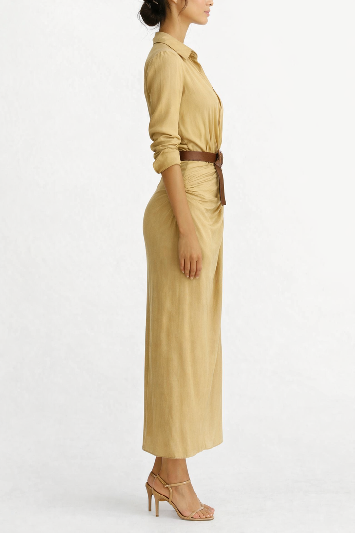 Women's Deep V neck Long Sleeve Maxi Dress with Collar and Waist Belt