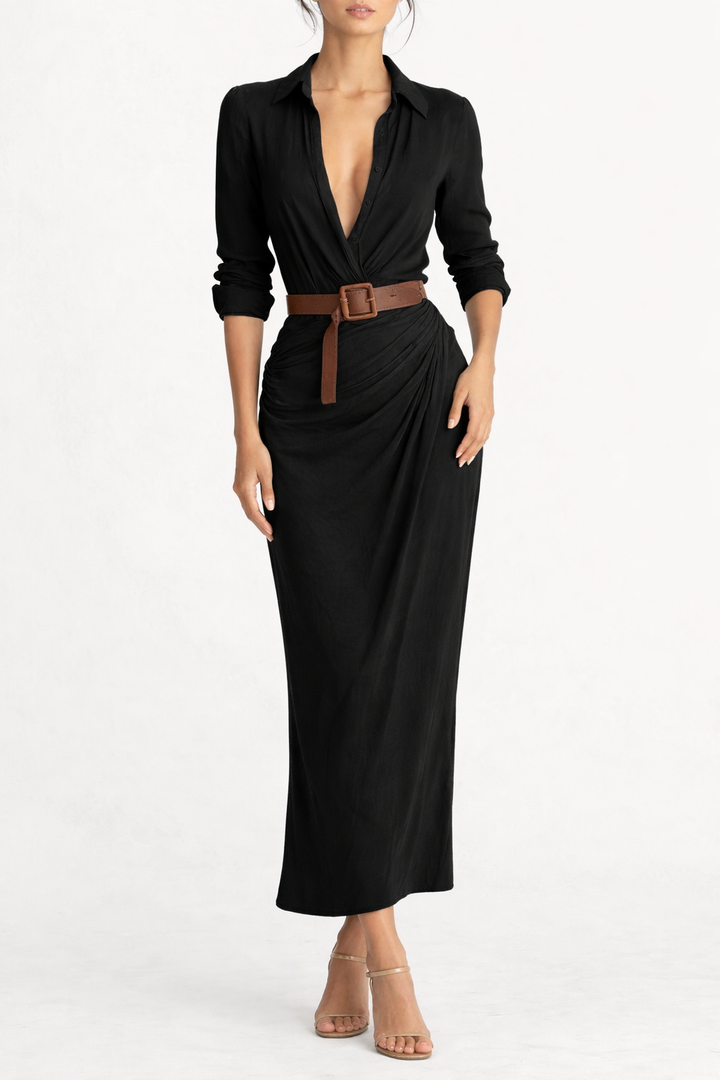 Women's Deep V neck Long Sleeve Maxi Dress with Collar and Waist Belt