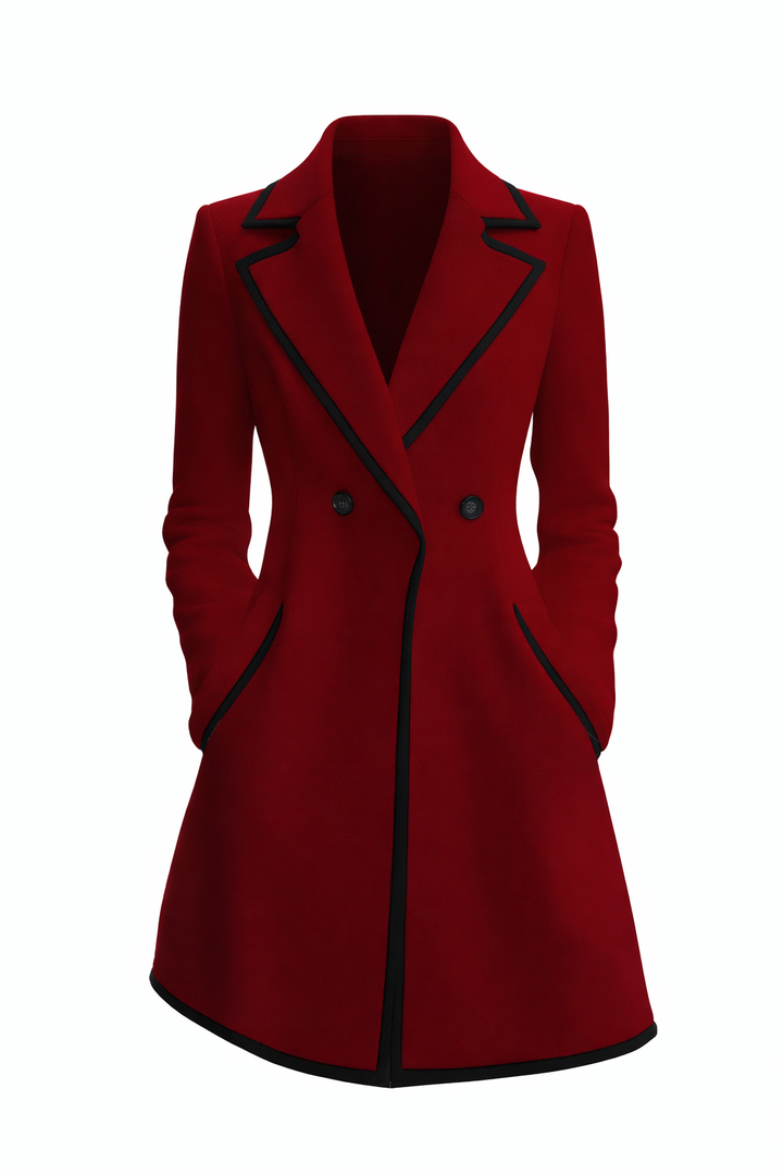 Women's Double-Breasted Long Line Coat with Black Trim