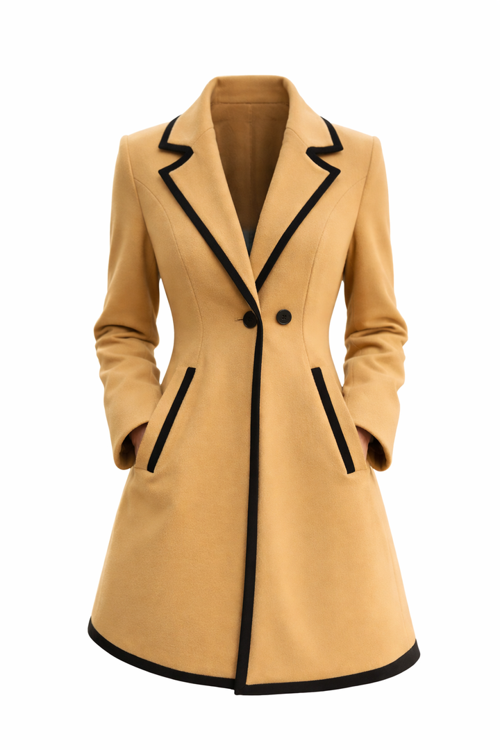 Women's Double-Breasted Long Line Coat with Black Trim