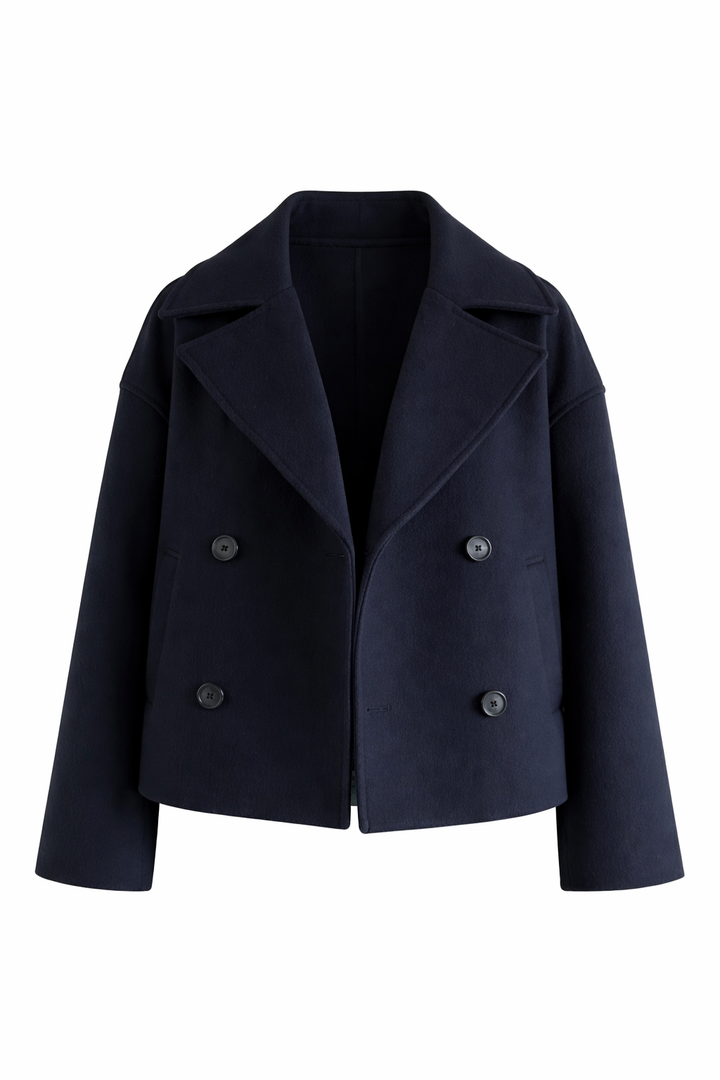 Women's Double Button Trench Coat with Wide Lapels and Cropped Cut