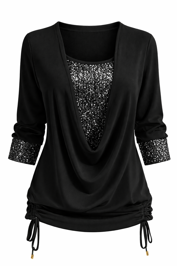 Women's Draped Neck Long Sleeve Blouse with Sequin Detail
