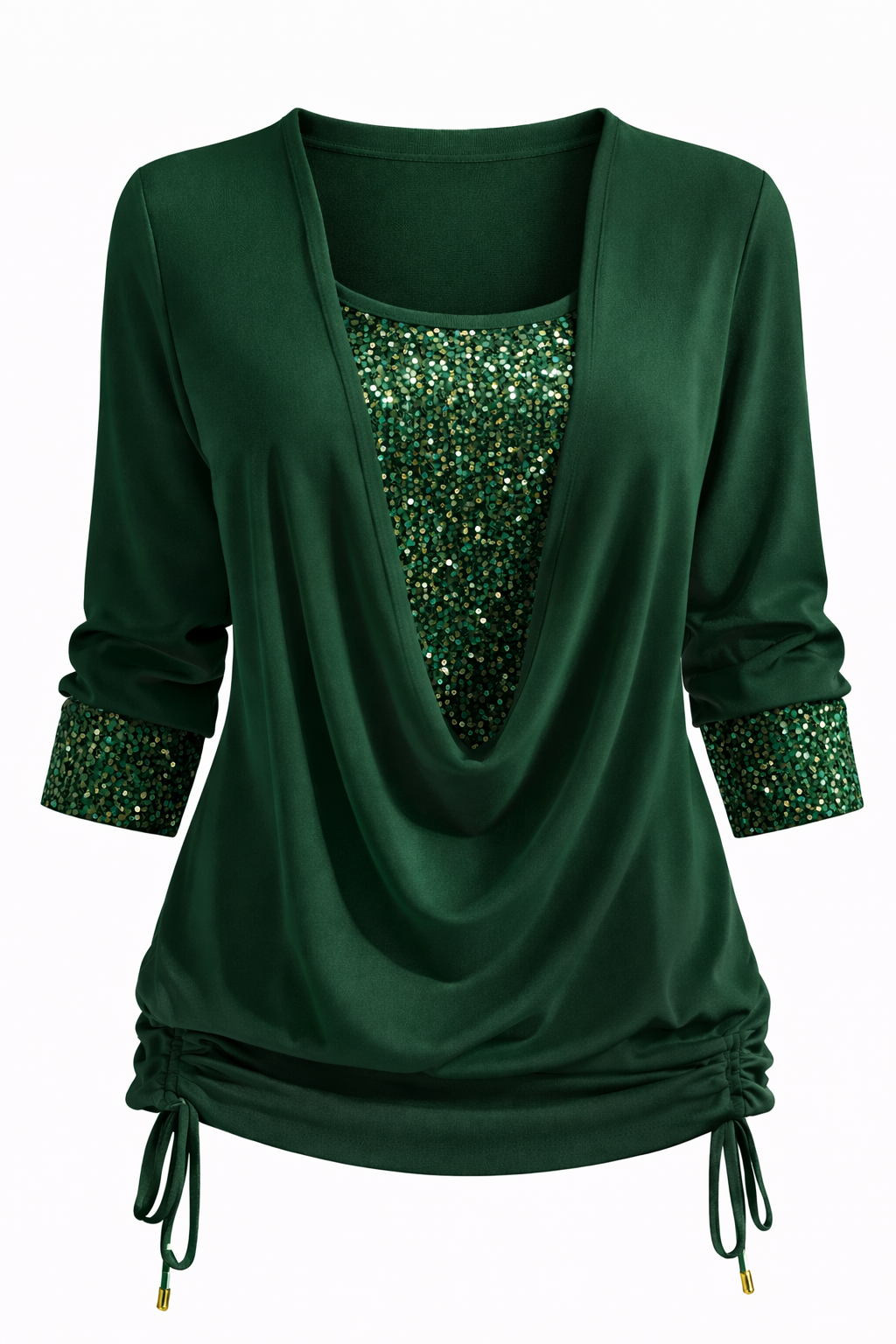 Women's Draped Neck Long Sleeve Blouse with Sequin Detail
