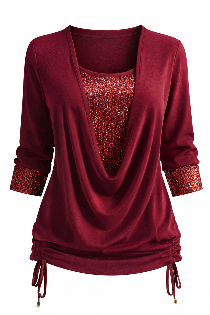 Women's Draped Neck Long Sleeve Blouse with Sequin Detail