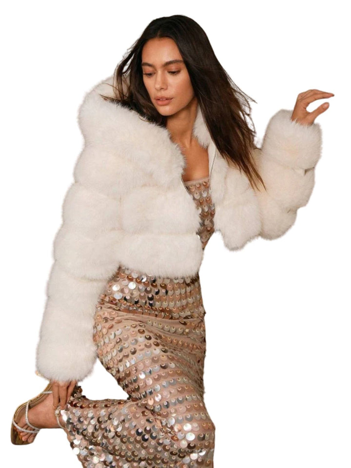Women’s Faux Fur Cropped Jacket With Raised Pile Panels And Hood