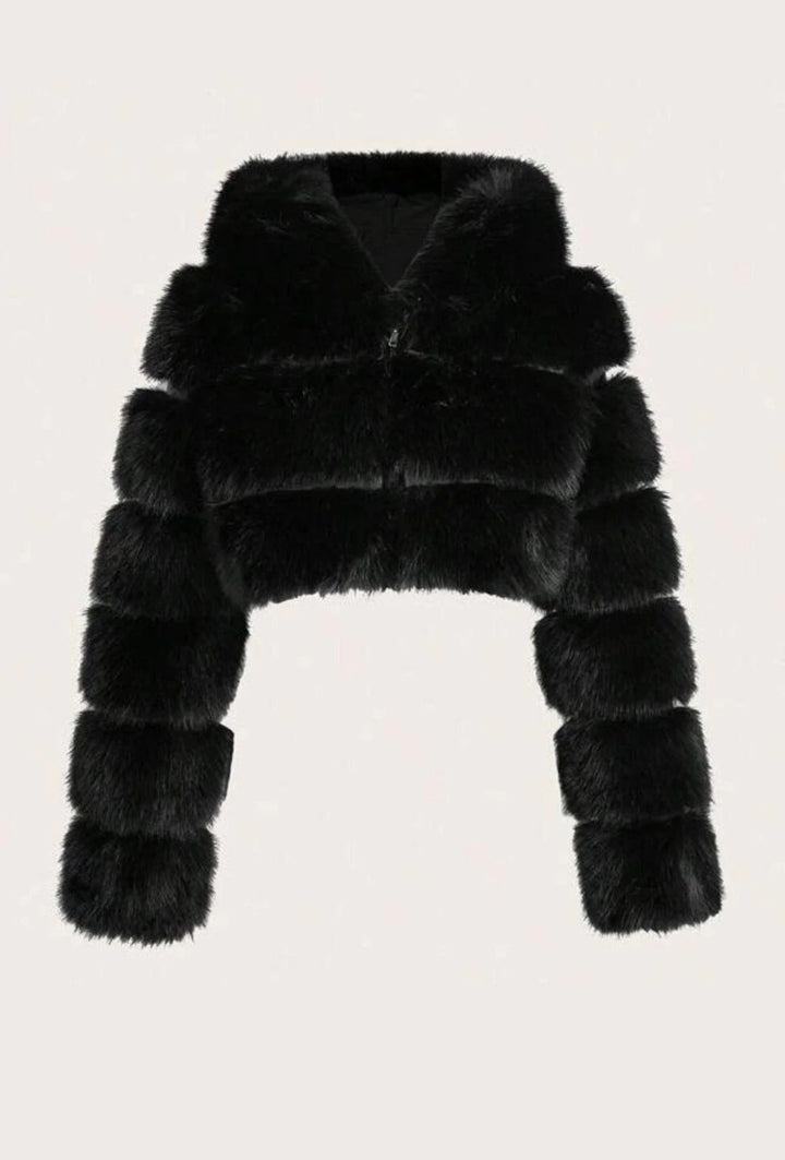 Women’s Faux Fur Cropped Jacket With Raised Pile Panels And Hood