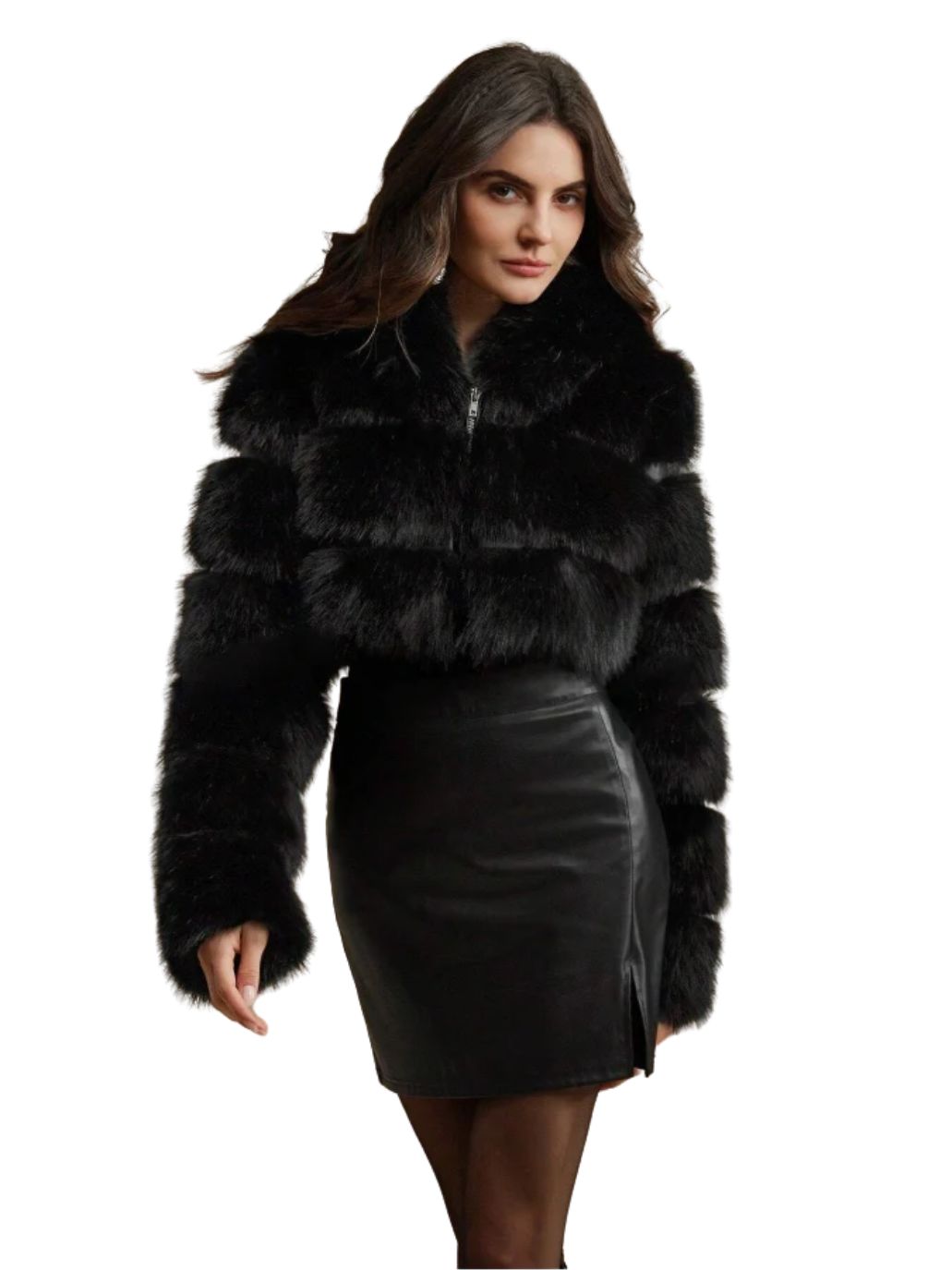 Women’s Faux Fur Cropped Jacket With Raised Pile Panels And Hood
