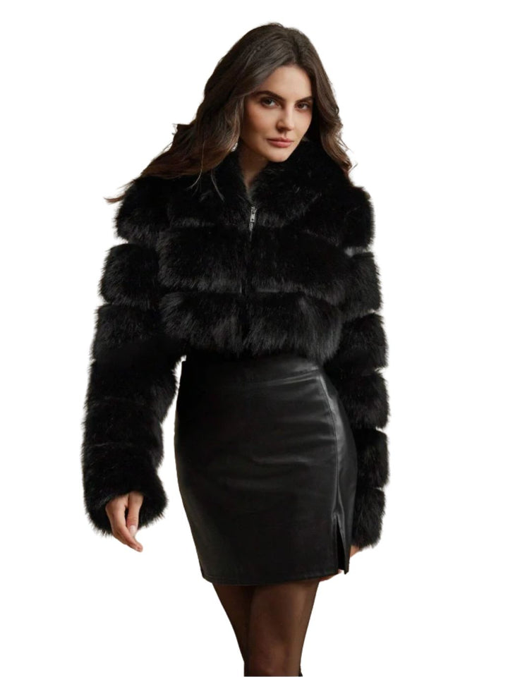 Women’s Faux Fur Cropped Jacket With Raised Pile Panels And Hood