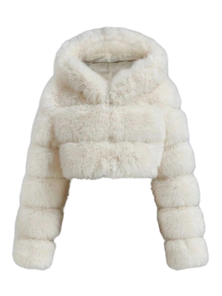 Women’s Faux Fur Cropped Jacket With Raised Pile Panels And Hood