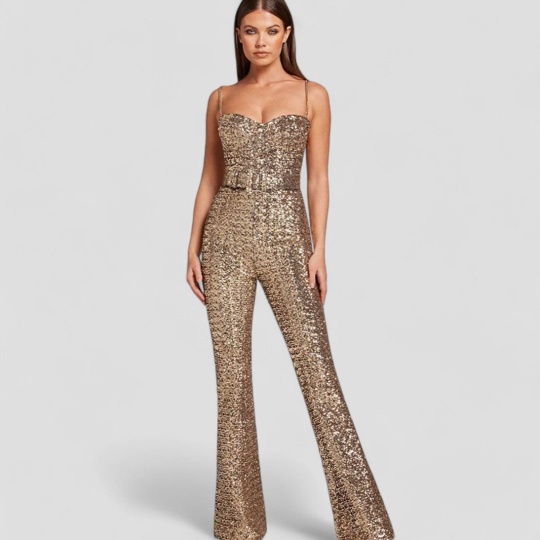 Women's Flared Leg Sequin Jumpsuit with Adjustable Straps and Back Zip