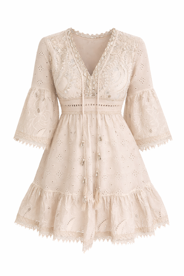 Women's Flared Sleeve Short Dress with Tassel Front