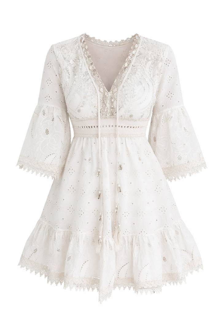 Women's Flared Sleeve Short Dress with Tassel Front