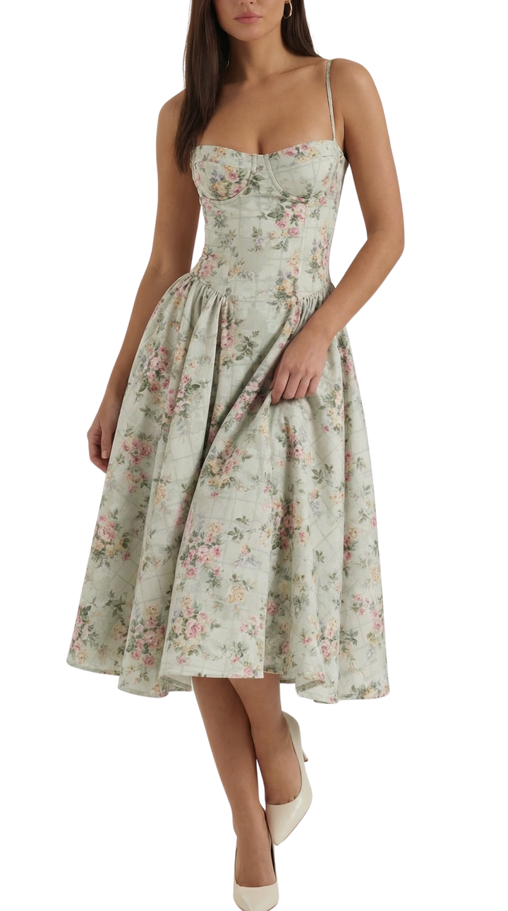 Women's Floral Corset Style Sleeveless Midi Dress