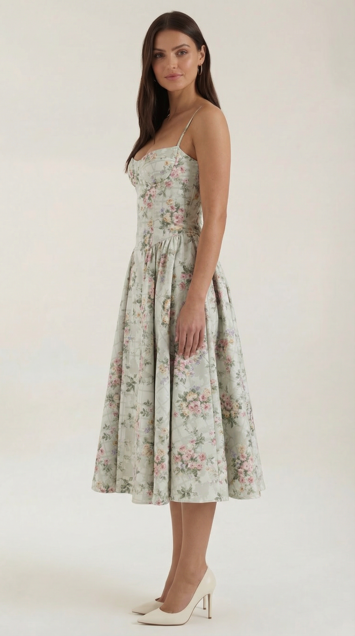 Women's Floral Corset Style Sleeveless Midi Dress