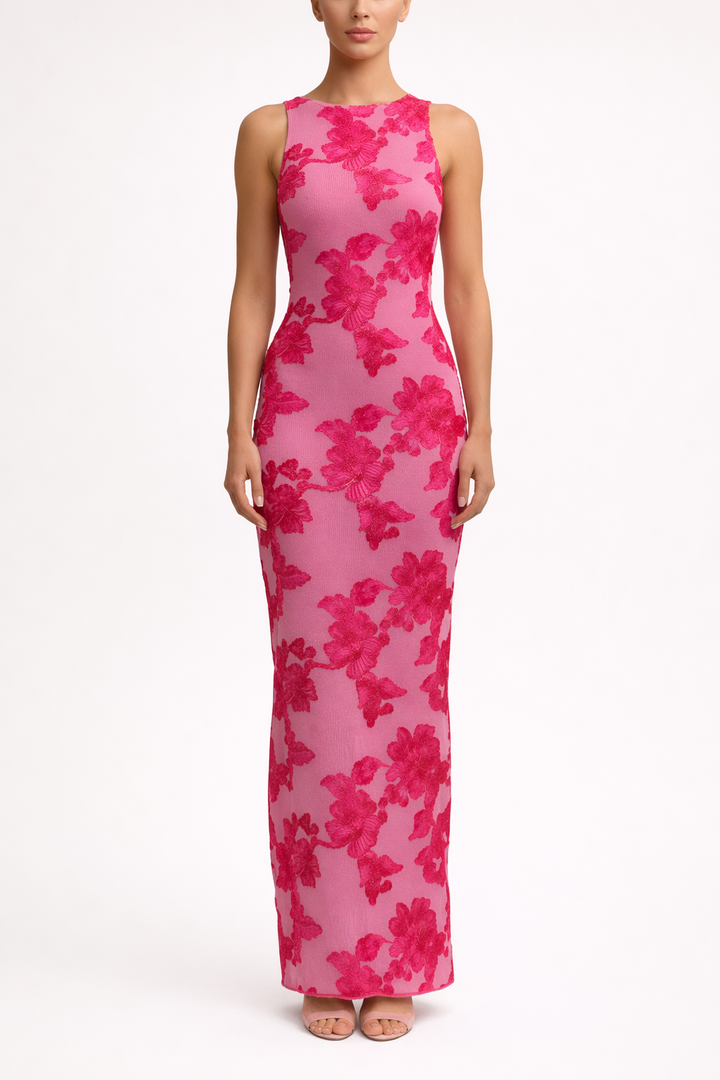 Women's Floral Embroidered Sleeveless Fitted Maxi Dress