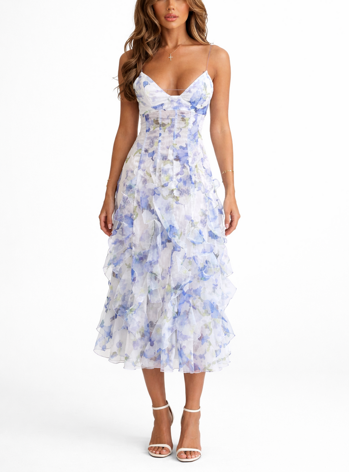 Women's Floral Maxi Dress With Ruffle Layers and Slim Straps