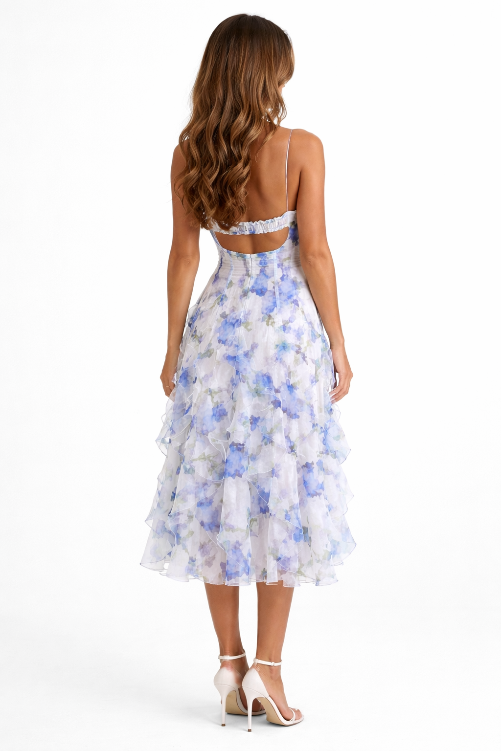 Women's Floral Maxi Dress With Ruffle Layers and Slim Straps