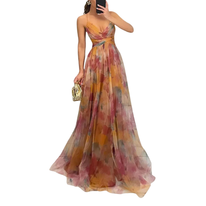 Women’s Floral Maxi Flowing Dress with Strap Shoulder