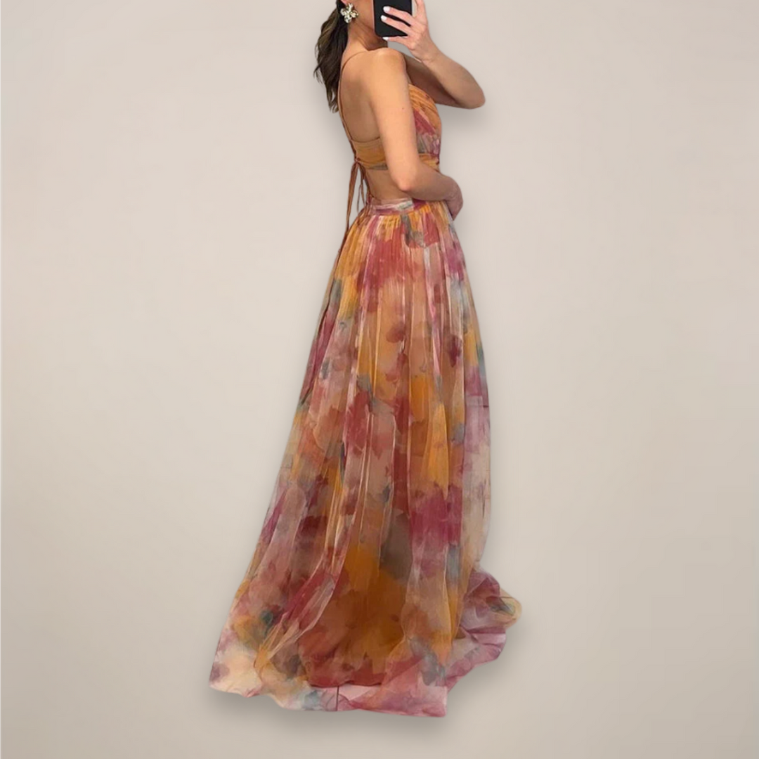 Women’s Floral Maxi Flowing Dress with Strap Shoulder
