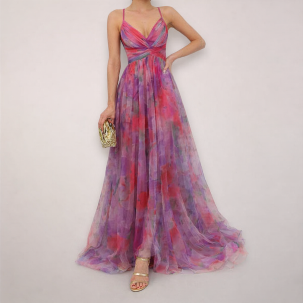 Women’s Floral Maxi Flowing Dress with Strap Shoulder