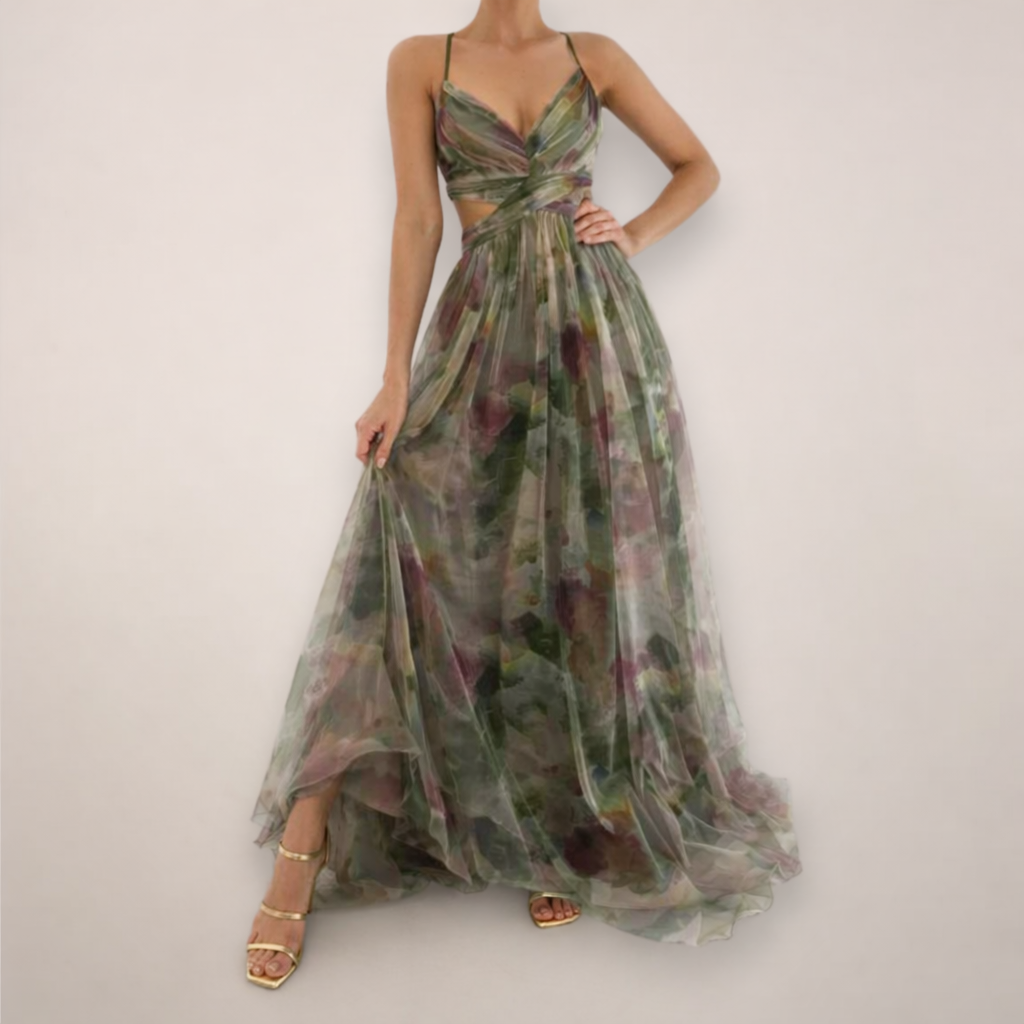 Women’s Floral Maxi Flowing Dress with Strap Shoulder