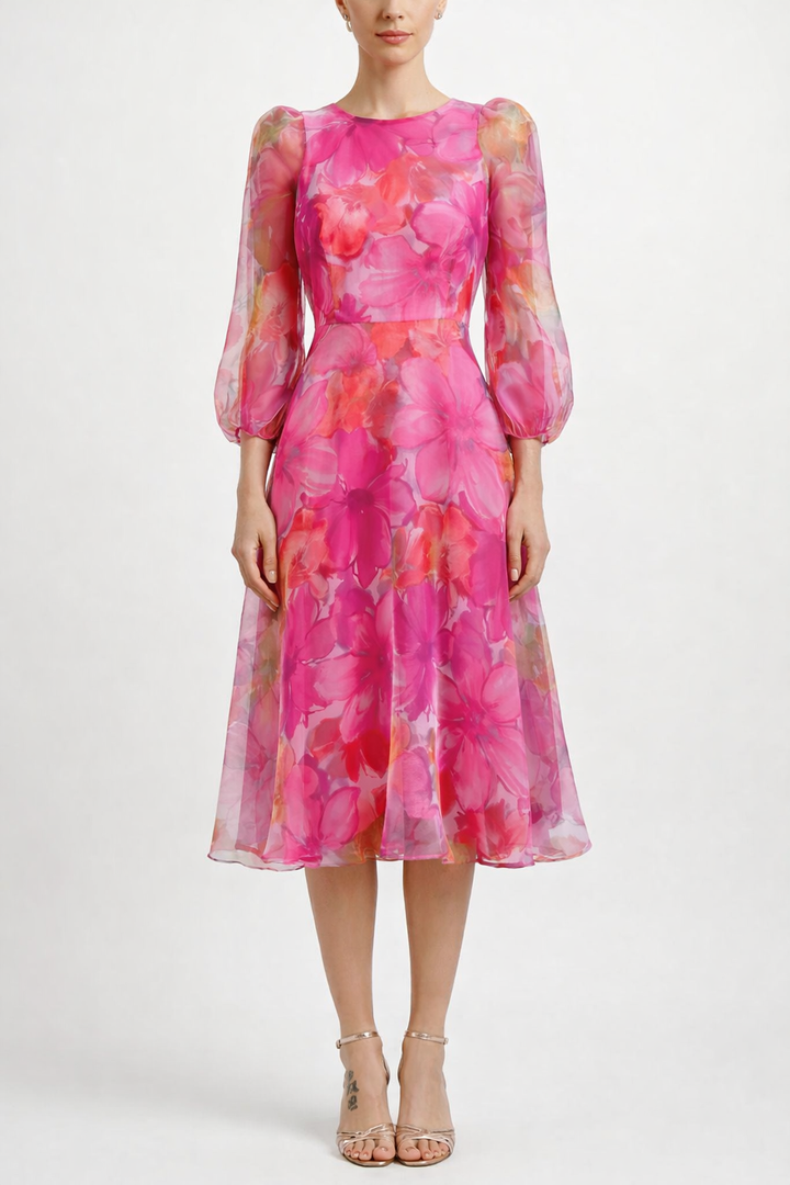 Women's Floral Print Sheer Long Sleeve Wedding Guest Dress