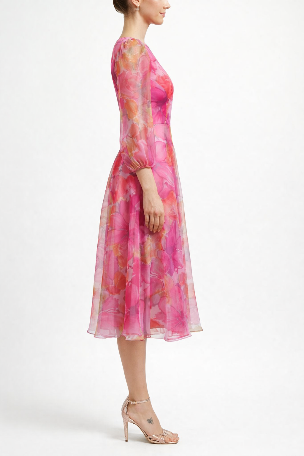 Women's Floral Print Sheer Long Sleeve Wedding Guest Dress
