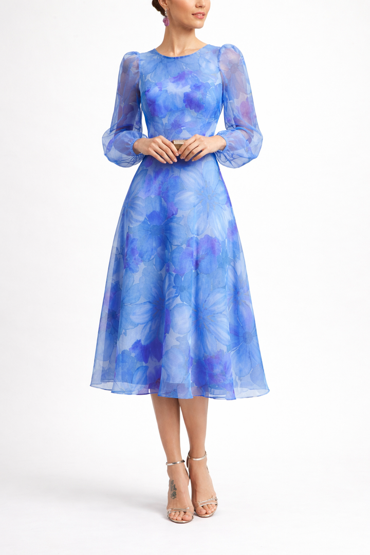 Women's Floral Print Sheer Long Sleeve Wedding Guest Dress