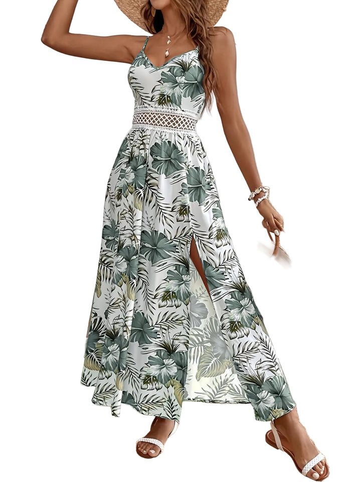 Women's Floral Print Thin Strap Maxi Dress with Side Slit