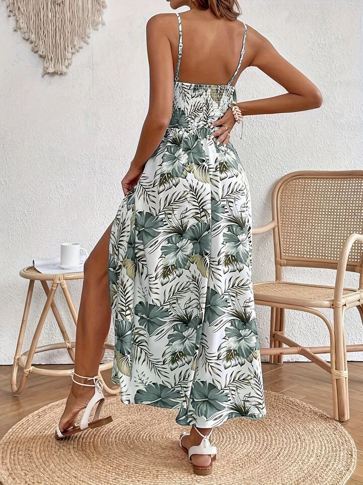 Women's Floral Print Thin Strap Maxi Dress with Side Slit