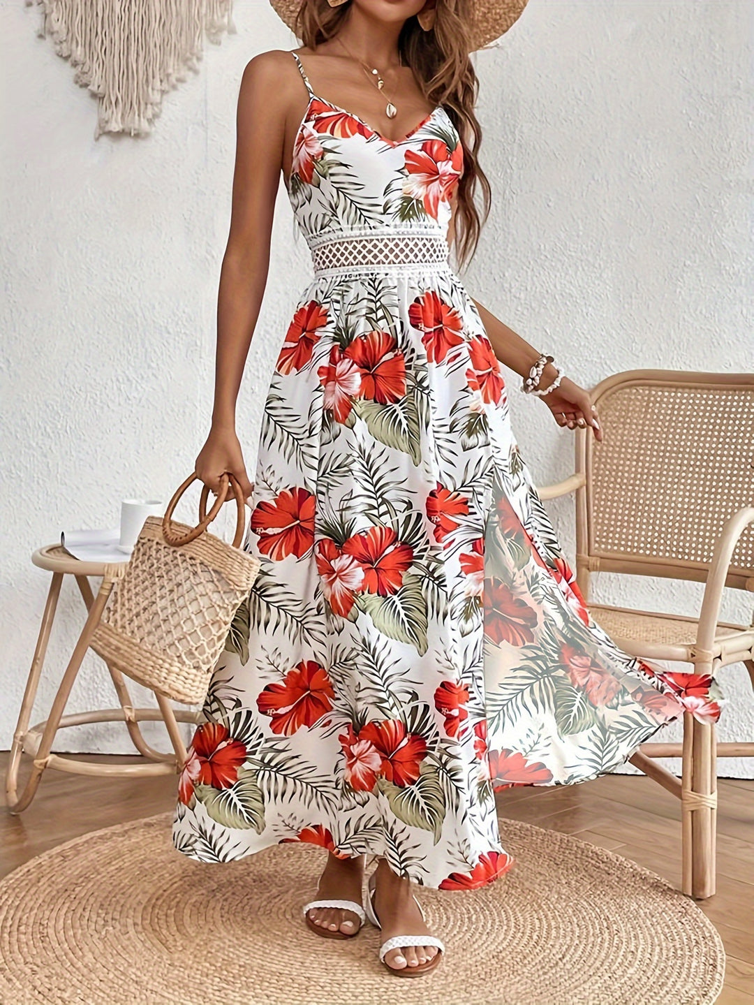 Women's Floral Print Thin Strap Maxi Dress with Side Slit