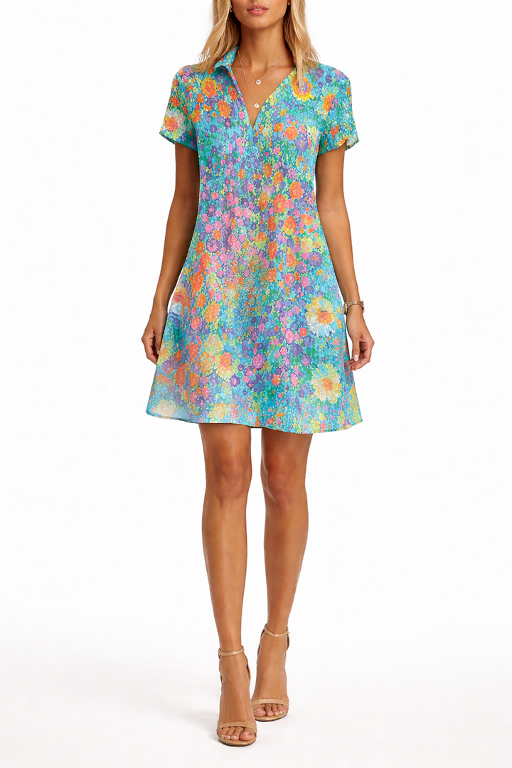 Women's Floral Short Sleeve Mini Dress With Button Front