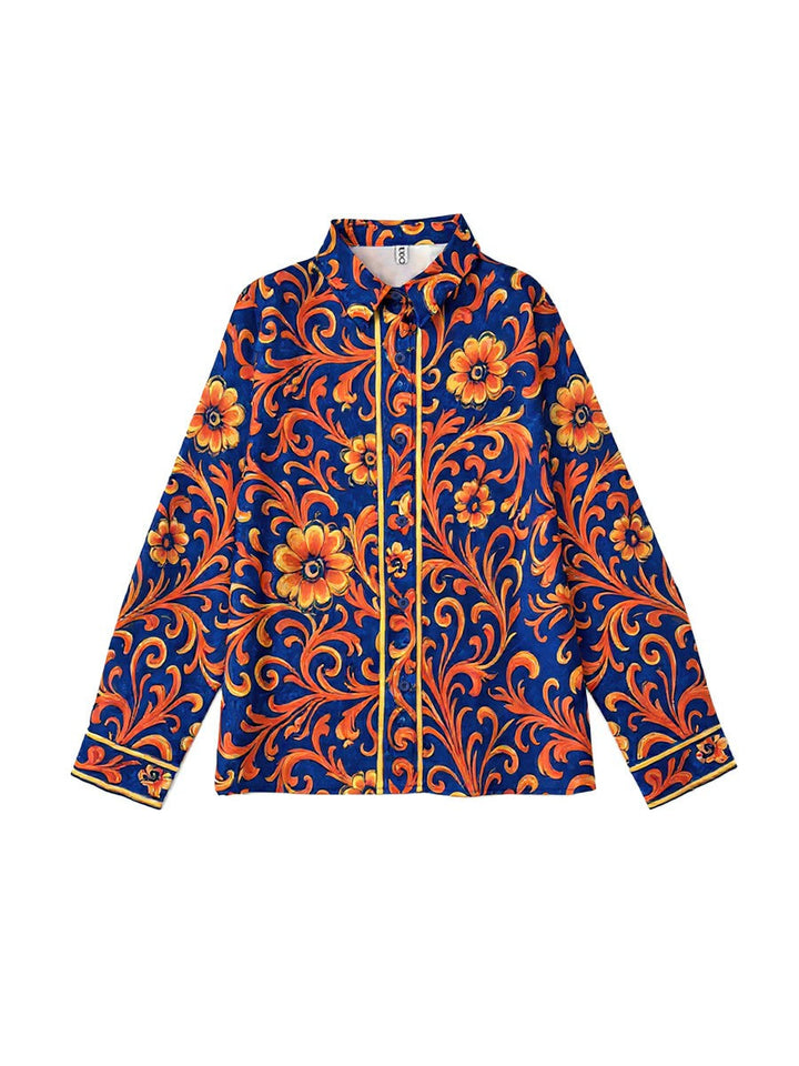 Women's Flower Print Lapel Long Sleeves Buttoned Shirt
