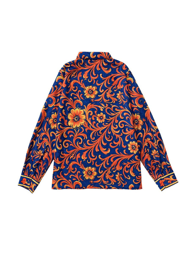 Women's Flower Print Lapel Long Sleeves Buttoned Shirt