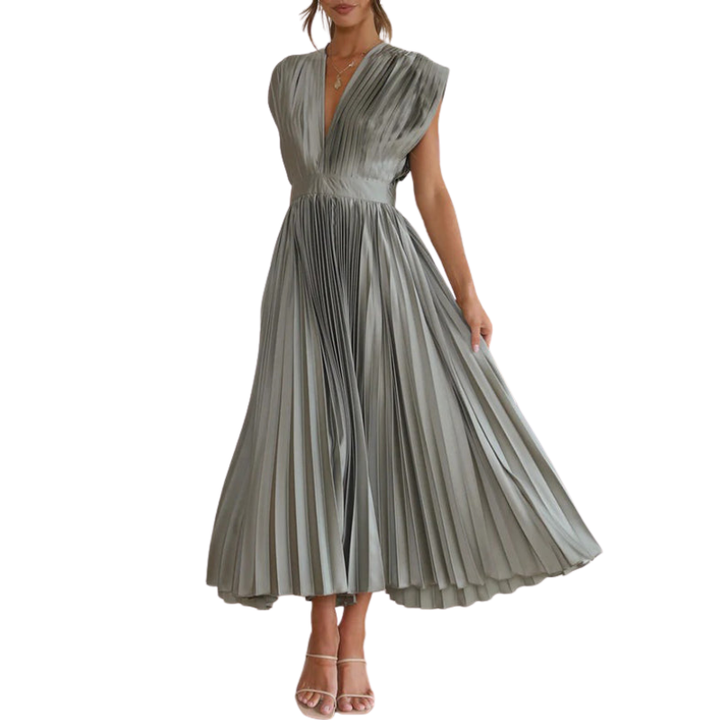 Women's Flowing Shape Pleated V Neck  Sleeveless Midi Dress