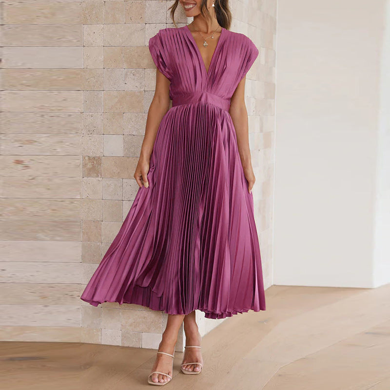 Women's Flowing Shape Pleated V Neck  Sleeveless Midi Dress