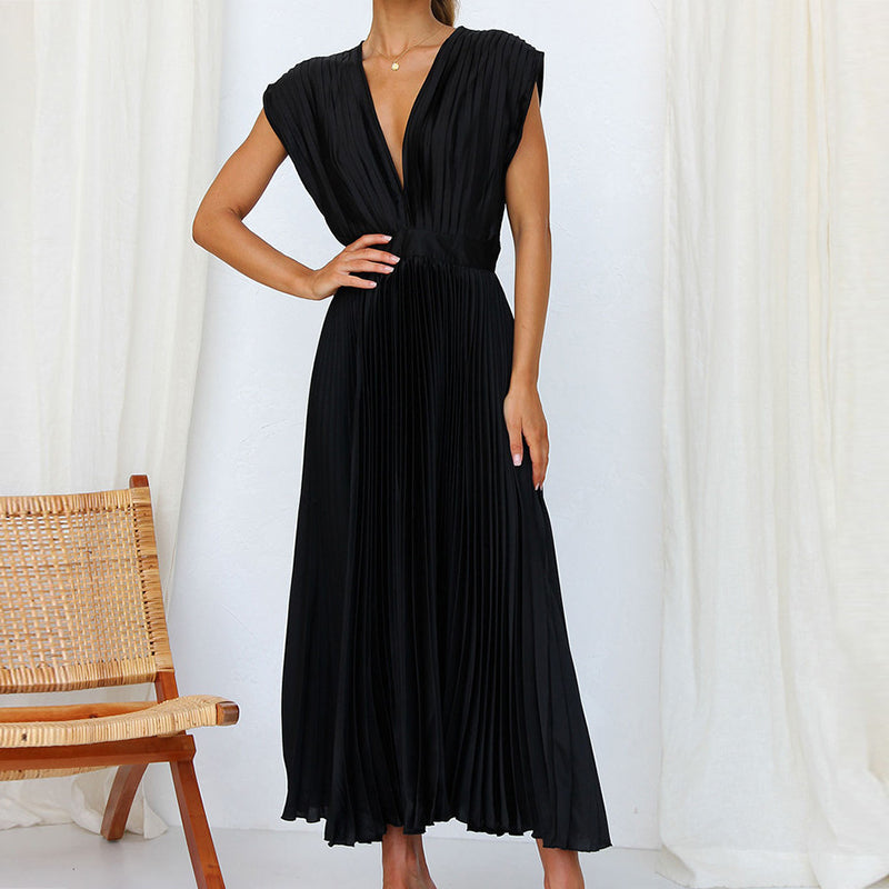 Women's Flowing Shape Pleated V Neck  Sleeveless Midi Dress