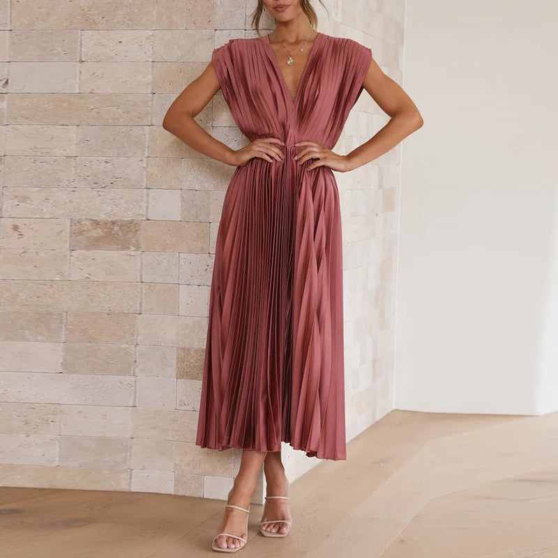 Women's Flowing Shape Pleated V Neck  Sleeveless Midi Dress