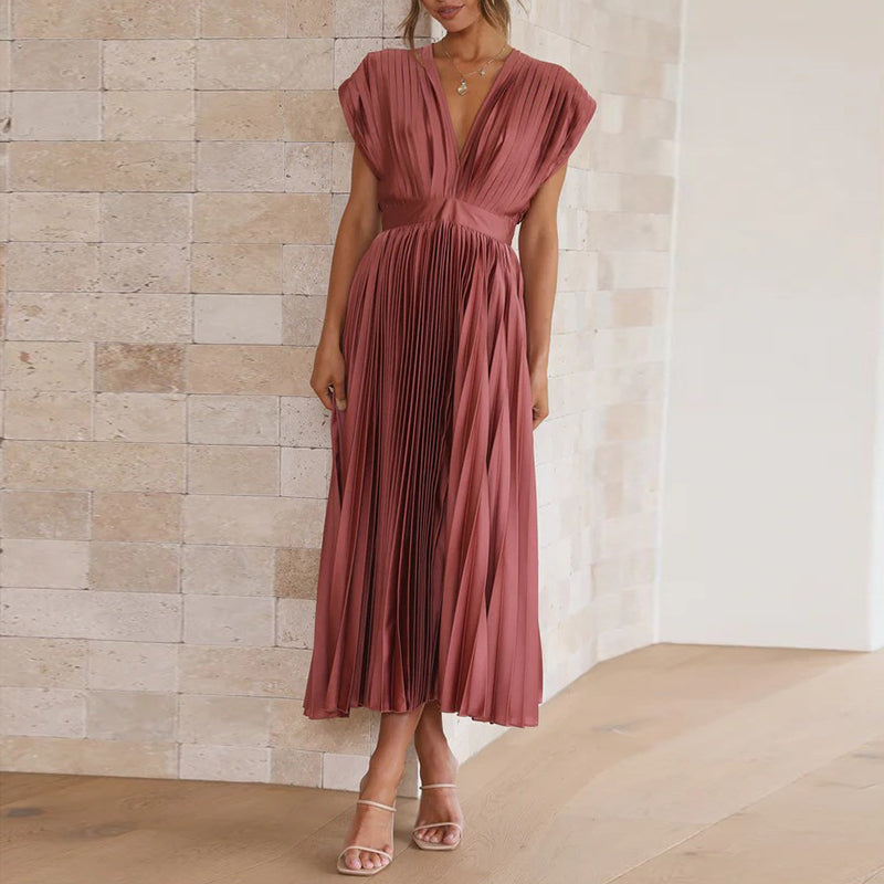 Women's Flowing Shape Pleated V Neck  Sleeveless Midi Dress