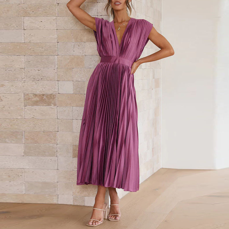 Women's Flowing Shape Pleated V Neck  Sleeveless Midi Dress