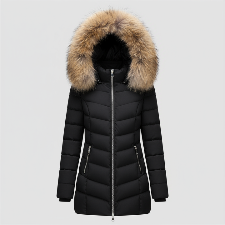 Women's Full Zip Padded Winter Coat with Full Fur Hood Trim