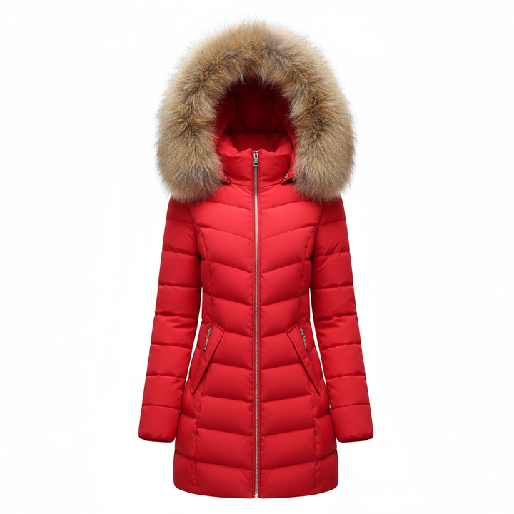 Women's Full Zip Padded Winter Coat with Full Fur Hood Trim