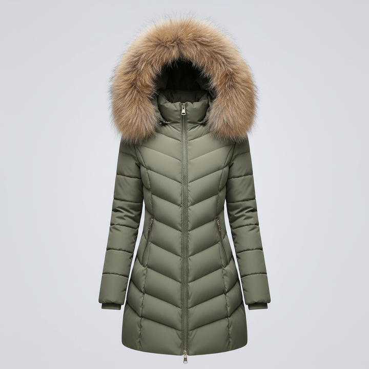 Women's Full Zip Padded Winter Coat with Full Fur Hood Trim