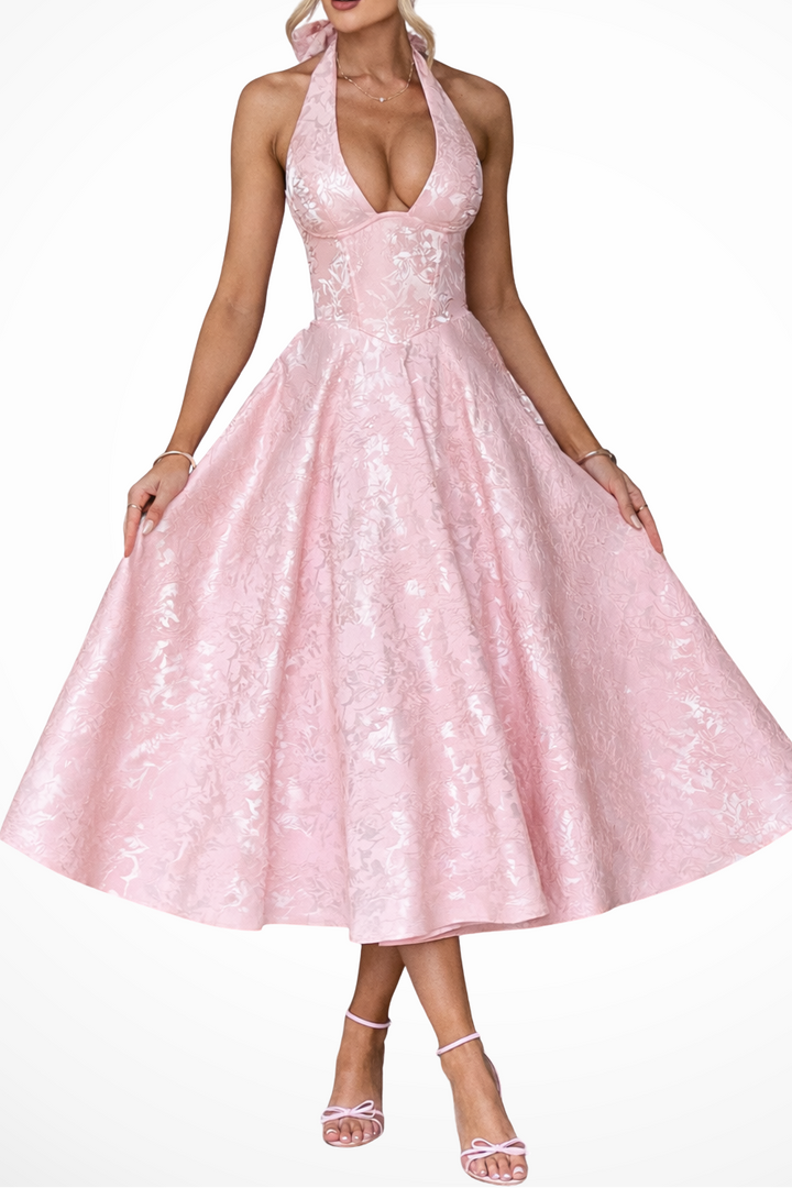 Women's Halter Neck Backless Corset Flared Wedding Guest Midi Dress