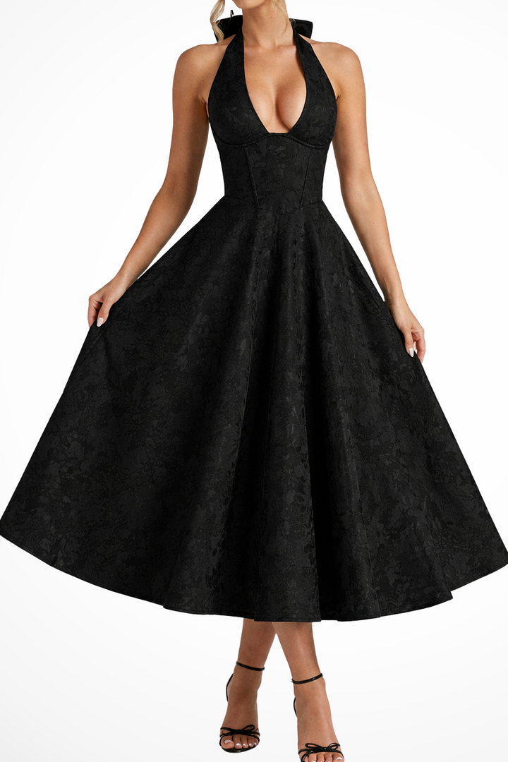 Women's Halter Neck Backless Corset Flared Wedding Guest Midi Dress