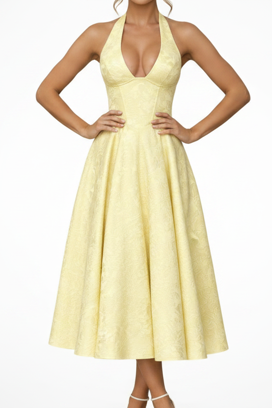 Women's Halter Neck Backless Corset Flared Wedding Guest Midi Dress