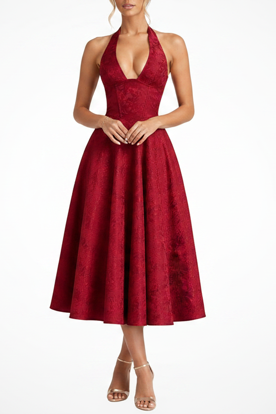 Women's Halter Neck Backless Corset Flared Wedding Guest Midi Dress